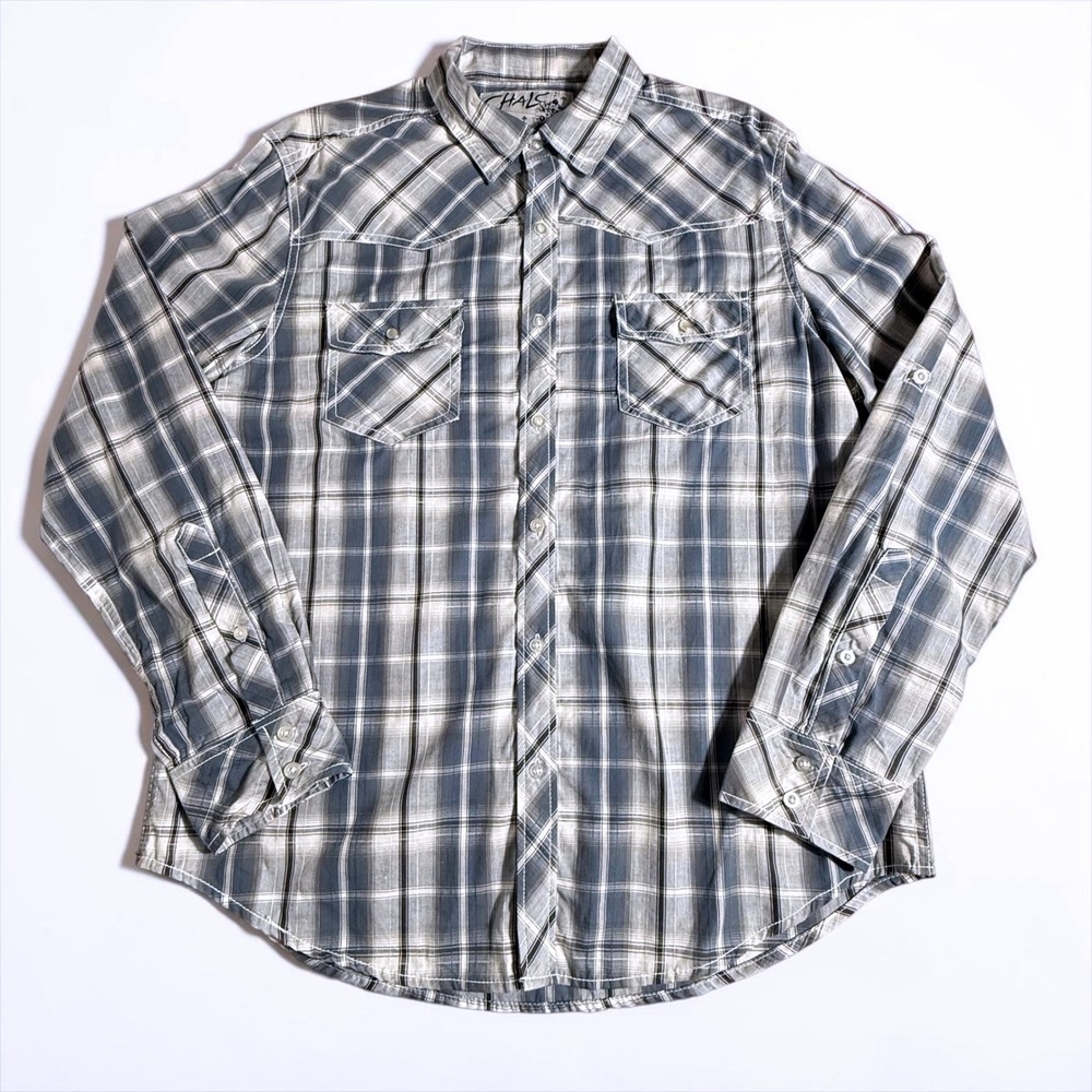 Chals‎ Mens Steel Blue Plaid Western Snap Button Long Sleeve Shirt XL 6875763JC